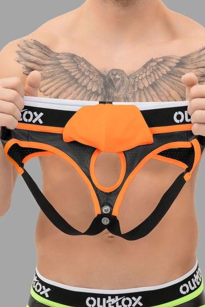 Outtox. Jockstrap avec braguette à boutons-pression. Noir et orange