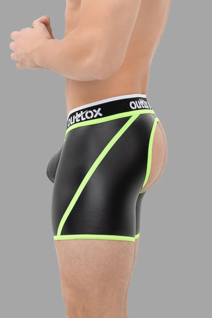 Outtox. Shorts mit offenem Rücken und Druckknopf-Codpiece. Schwarz und Grün „Neon“