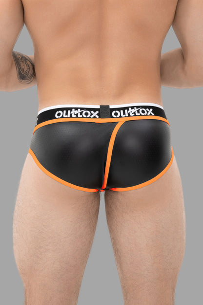 Outtox. Slip arrière enveloppé avec Snap Codpiece. Noir + Orange
