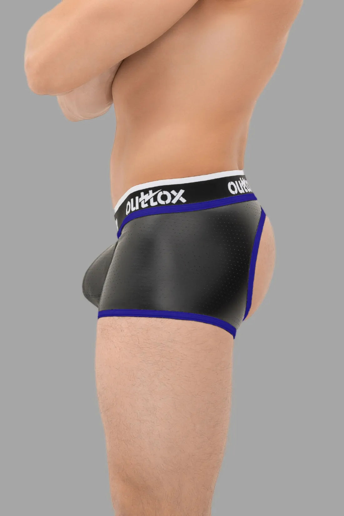 Outtox. Open Rear Trunk Shorts with Snap Codpiece. Black and Blue &