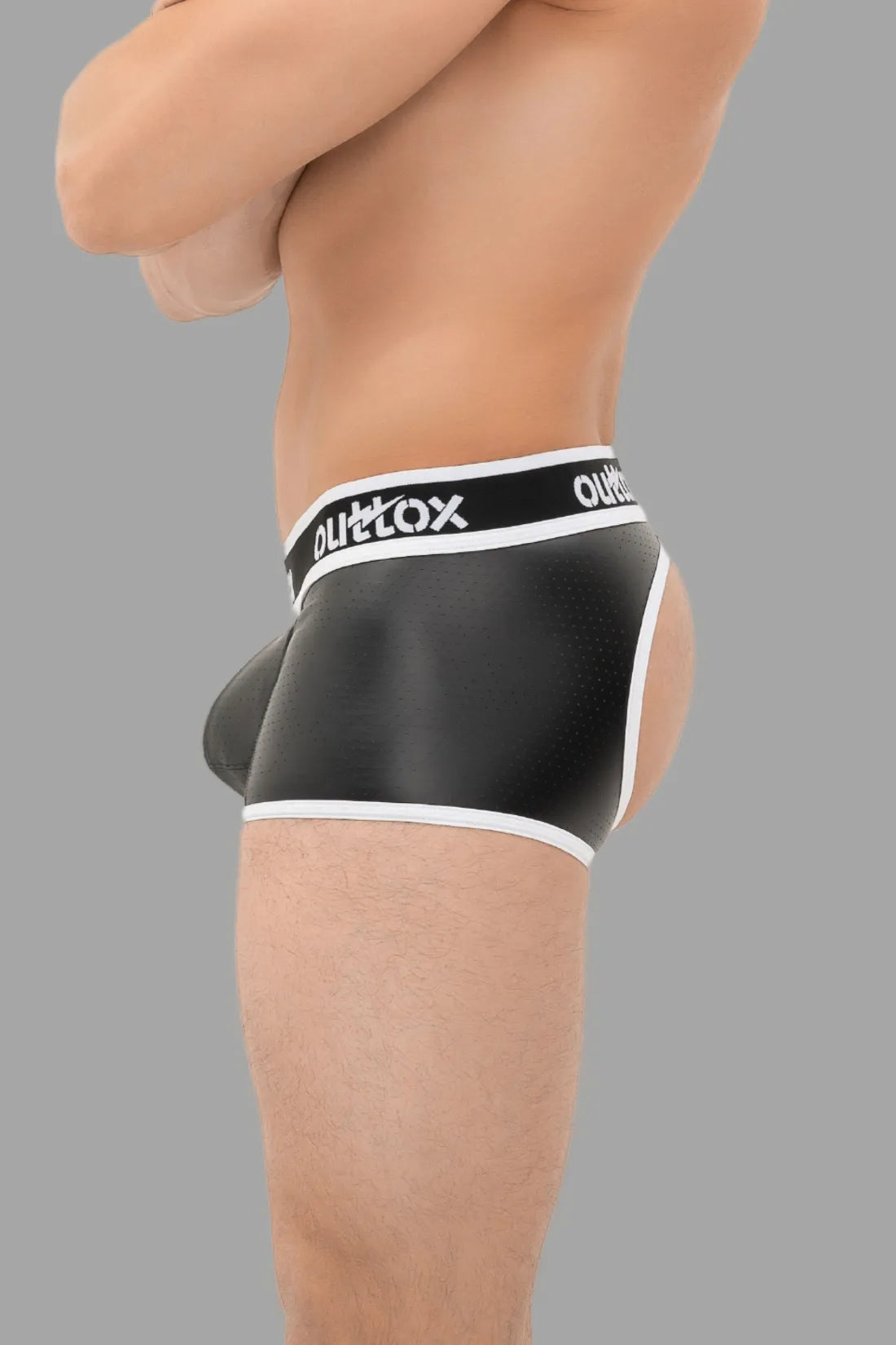 Outtox. Shorts mit offenem Rücken und Druckknopf-Codpiece. Schwarz und Weiß