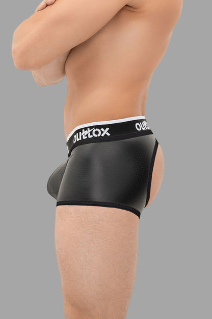 Outtox. Shorts mit offenem Rücken und Druckknopf-Codpiece. Schwarz