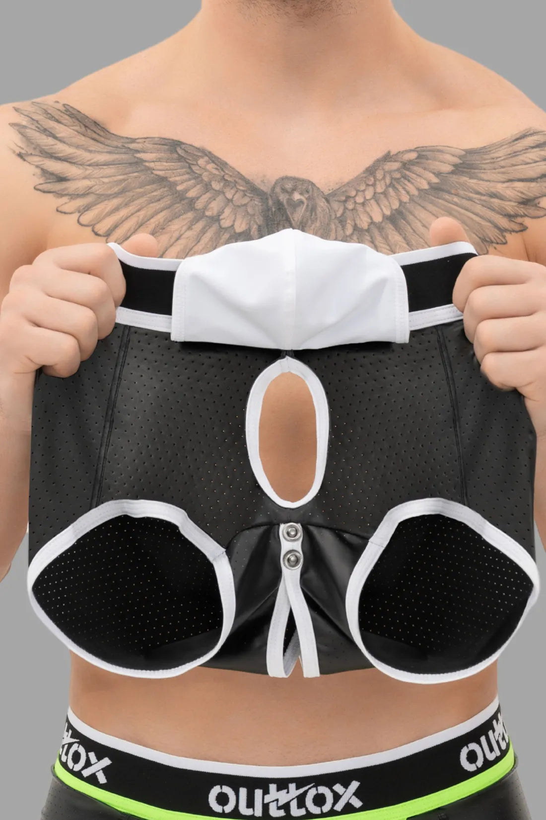 Outtox. Wrapped Rear Trunk Shorts with Snap Codpiece. Black and White