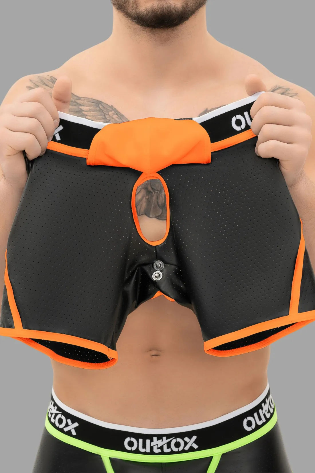 Outtox. Open Rear Shorts with Snap Codpiece. Orange &