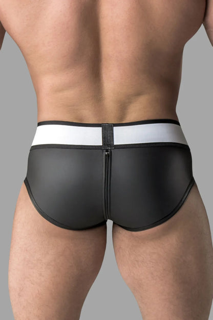 Armored. Rubber look Briefs. Detachable pouch. Zippered rear. Black