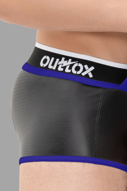 Outtox. Short à coffre ouvert avec braguette à boutons-pression. Noir et bleu « Royal »