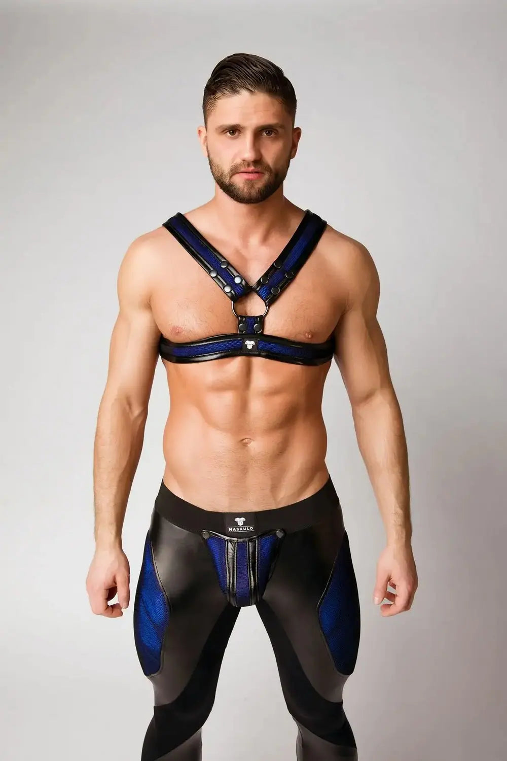 Maskulo Armored Color-Under royal blue mesh chest X-harness for men, ideal for bodybuilders and upper-class millenials