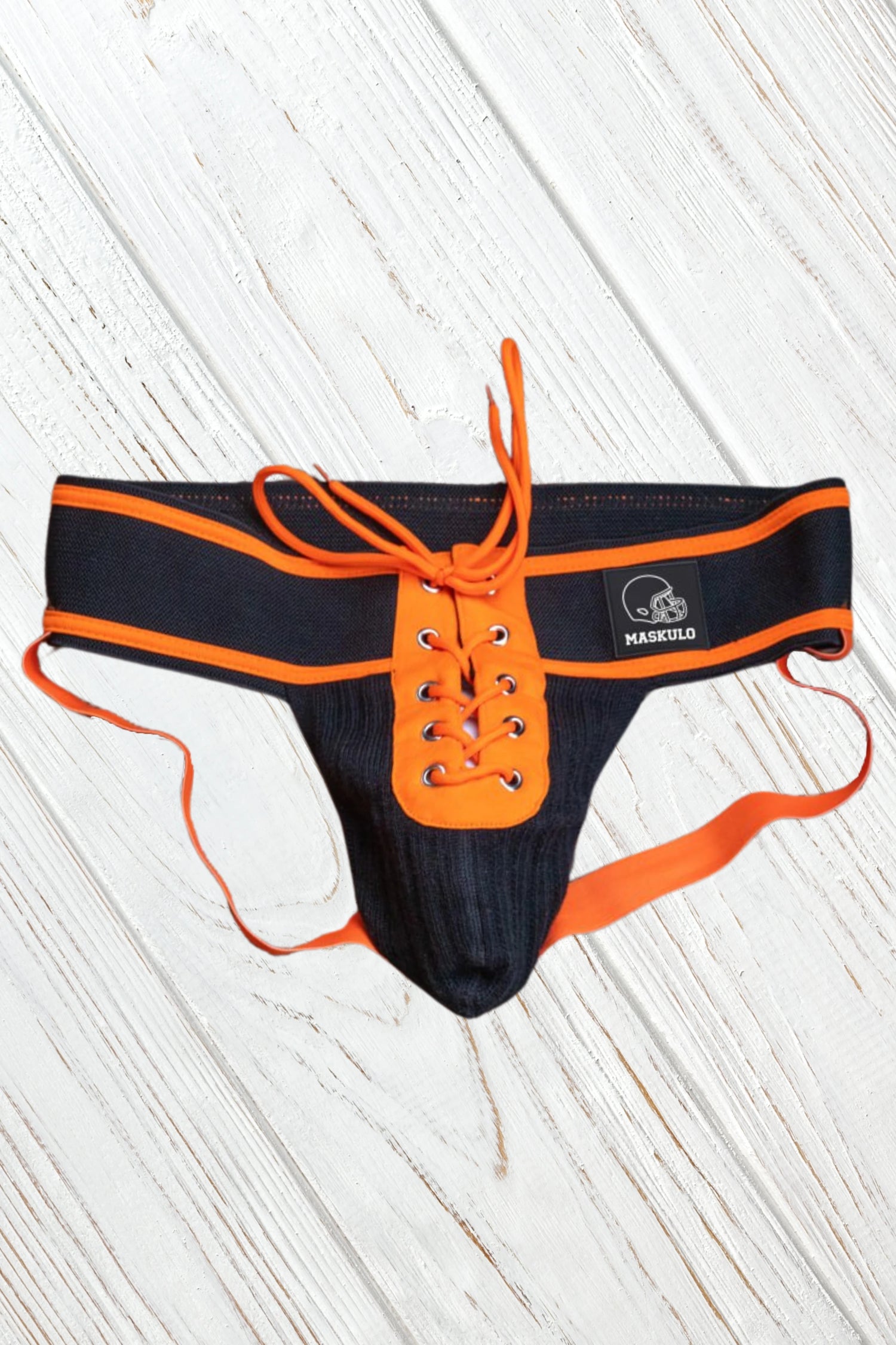 Matt Gridd-Iron, American Football Jockstrap. Schwarz + Orange