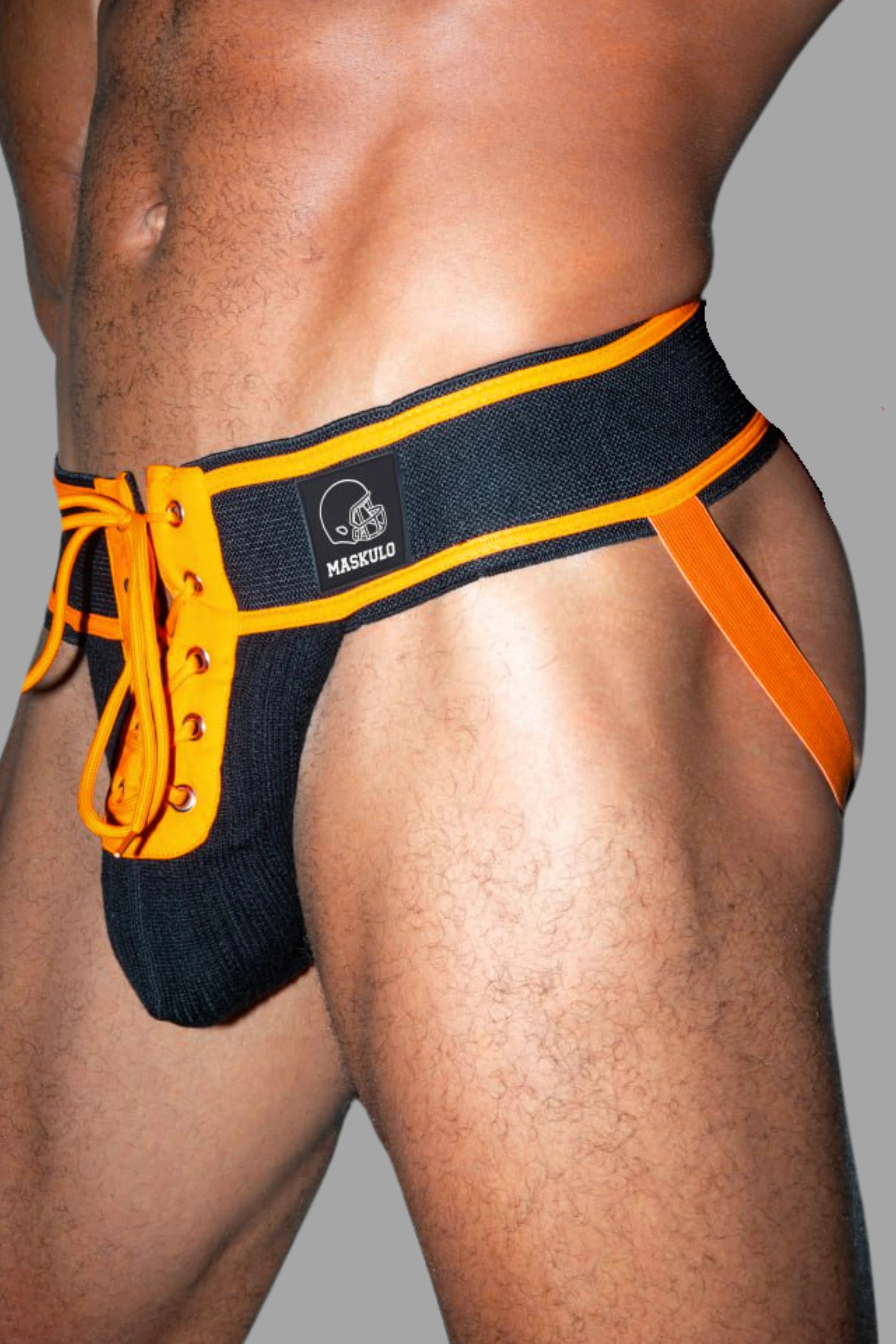 Matt Gridd-Iron, American Football Jockstrap. Schwarz + Orange