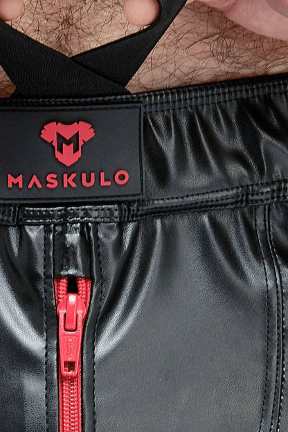 Skulla. Leatherette Jogging Shorts. Black and Red