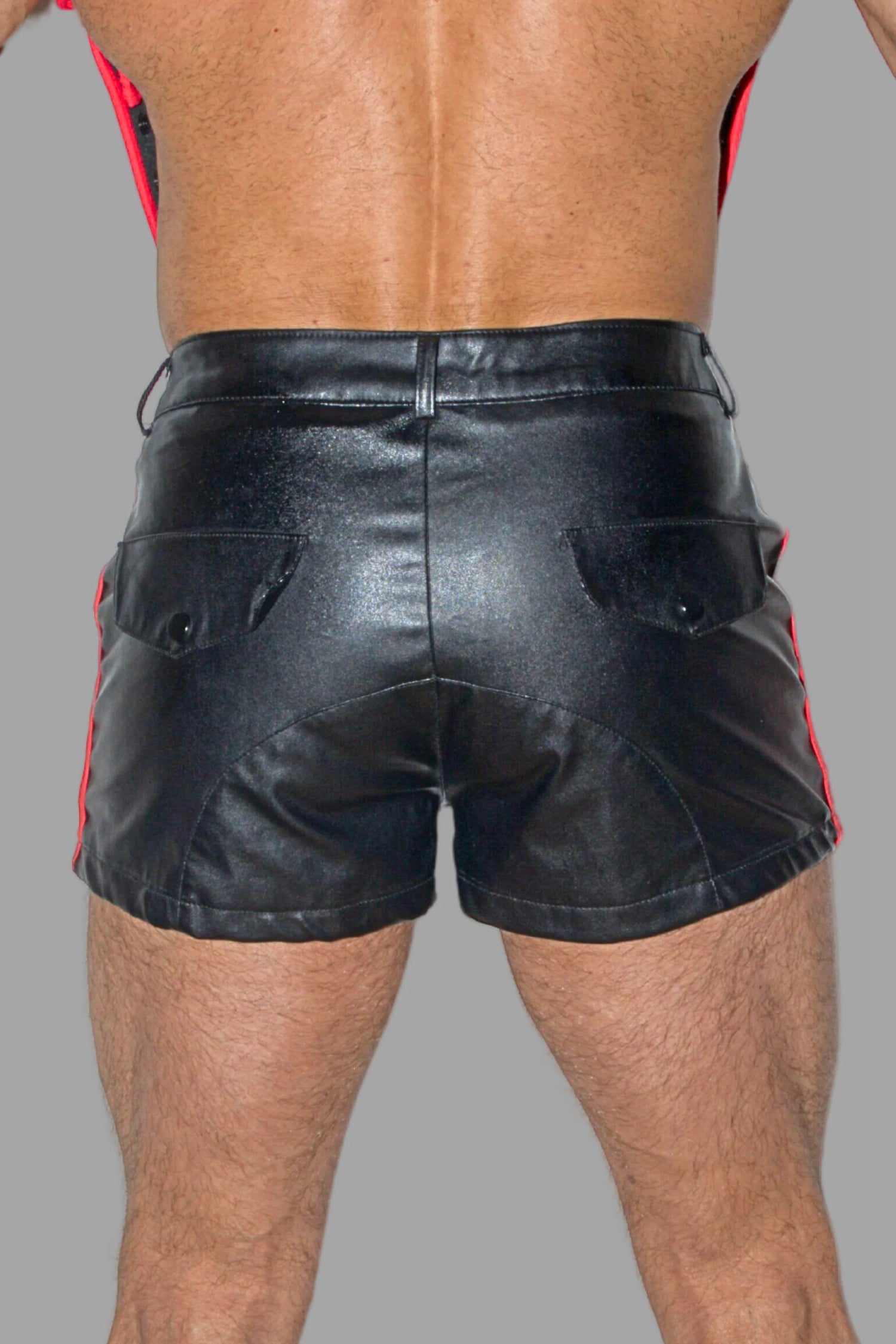 Cruz Gearshift PU Leather Shorts. Black + 2 Red Stripes