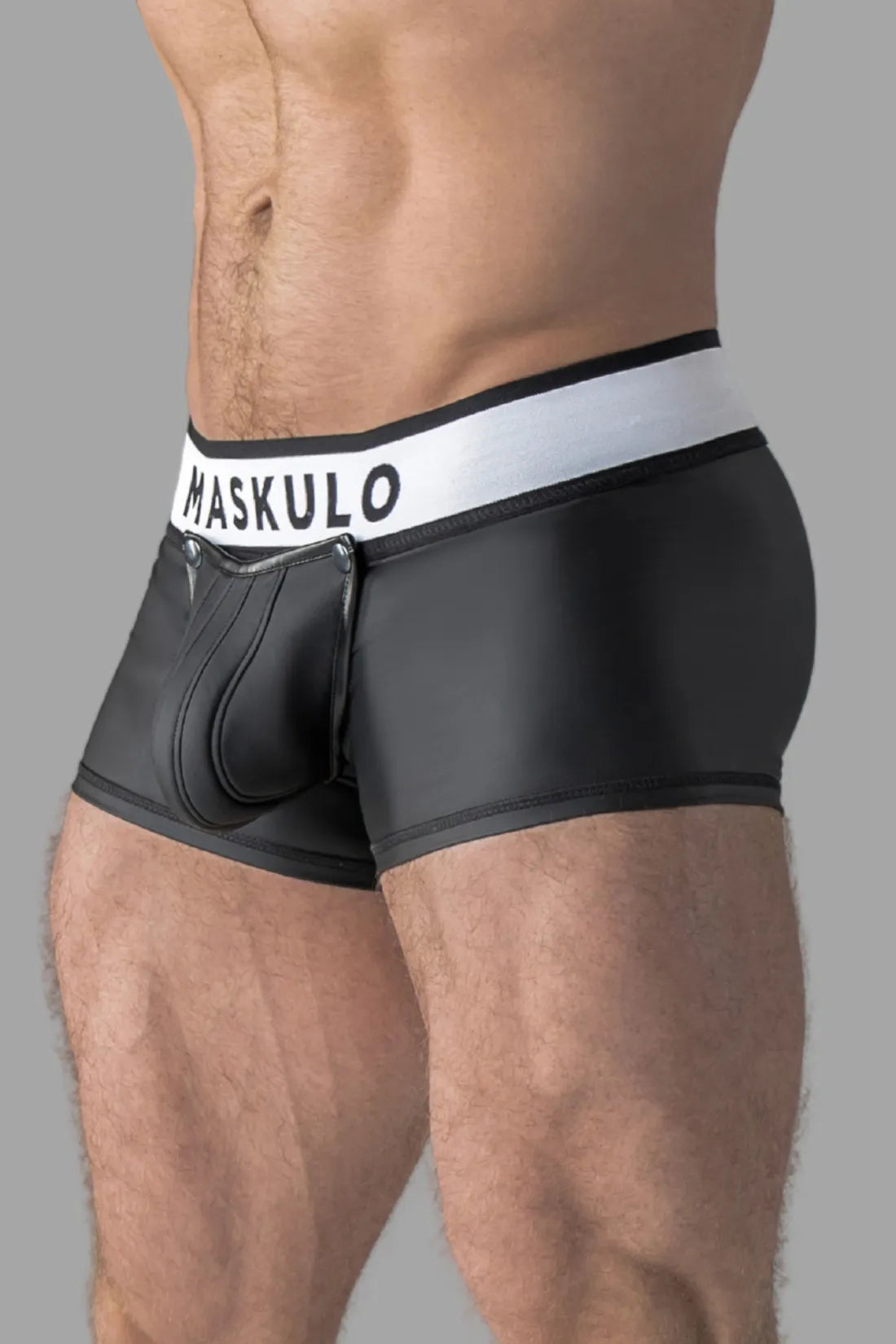 Armored. Rubber Look Trunk Shorts. Detachable pouch. Open Rear. Black