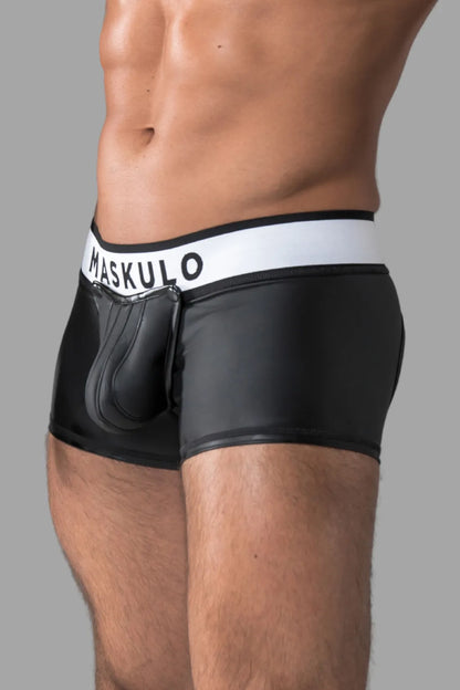 Armored. Rubber look Trunk Shorts. Detachable pouch. Zippered rear. Black