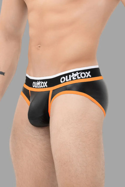 Outtox. Wrapped Rear Briefs with Snap Codpiece. Black and Orange