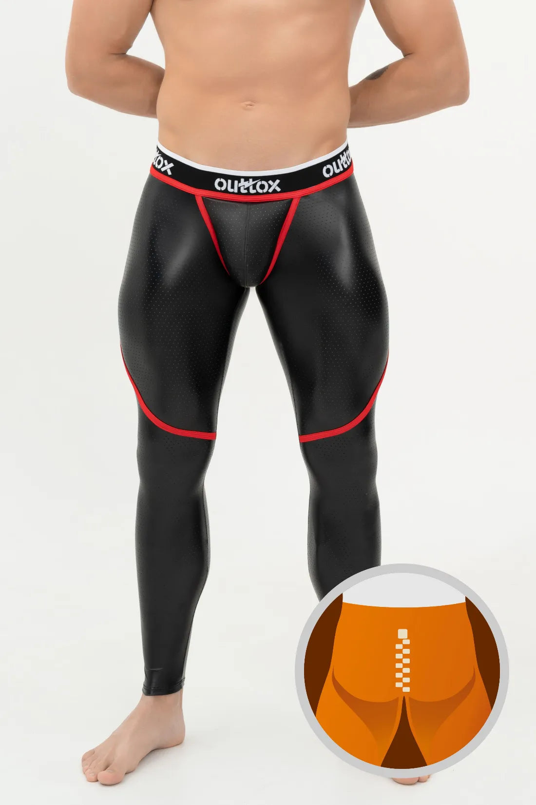 Outtox. Zip-Rear Leggings with Snap Codpiece. Black and Red