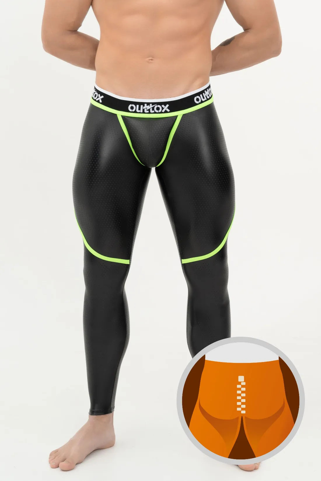 Outtox. Leggings con cremallera trasera y bragueta a presión. Negro+Verde &