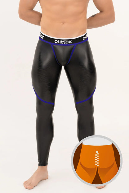 Outtox. Zip-Rear Leggings with Snap Codpiece. Black and Blue &