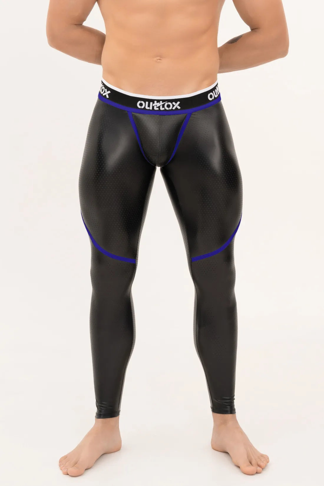 Outtox. Zip-Rear Leggings with Snap Codpiece. Black and Blue &