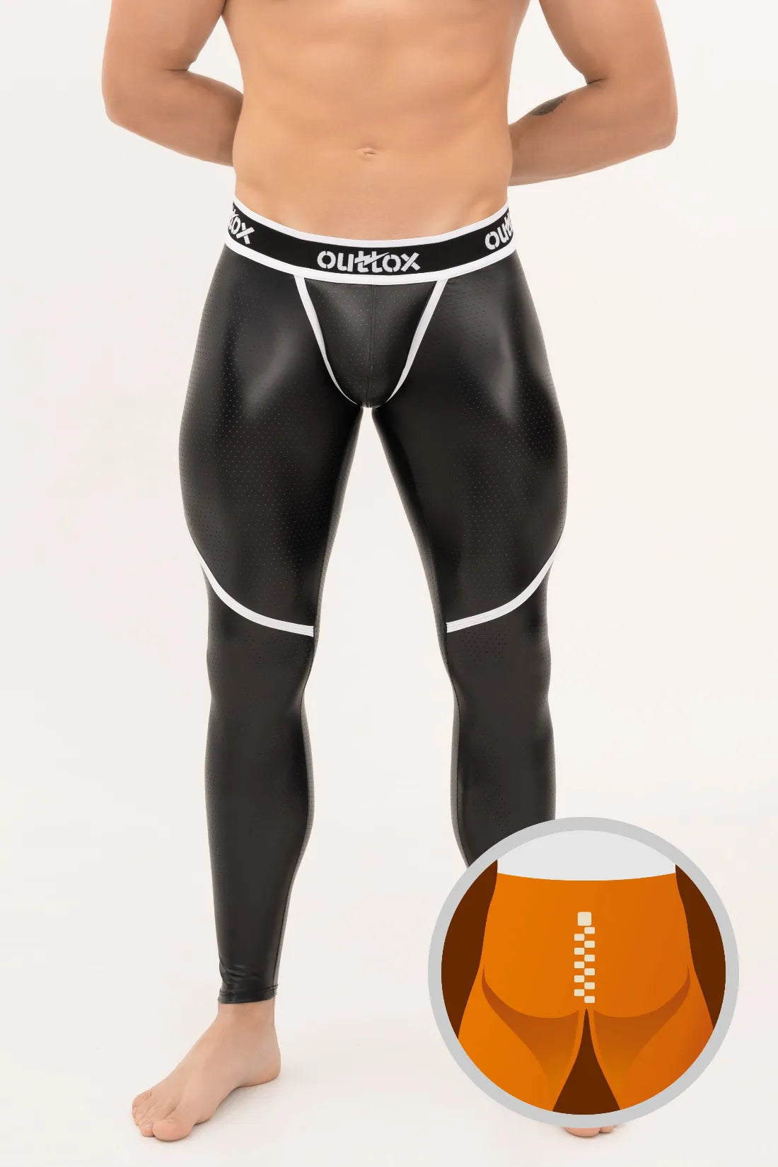 Outtox. Zip-Rear Leggings with Snap Codpiece. Black and White