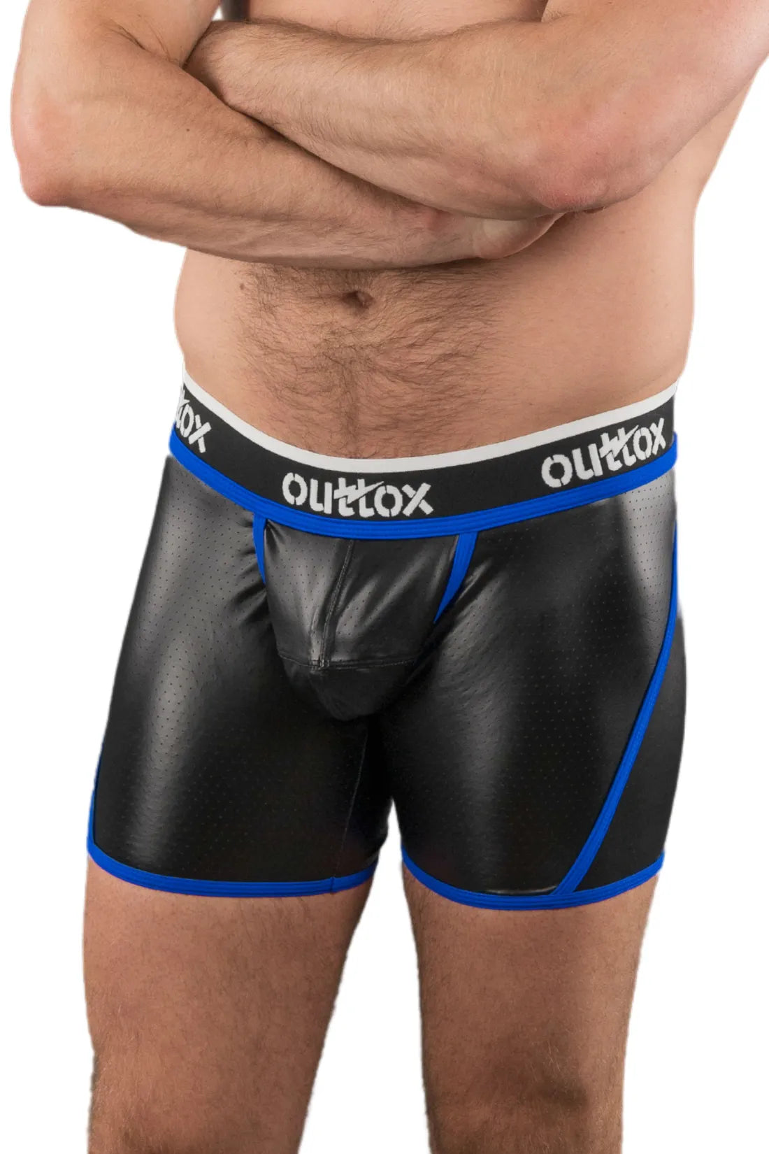 Outtox. Open Rear Shorts with Snap Codpiece. Black and Blue