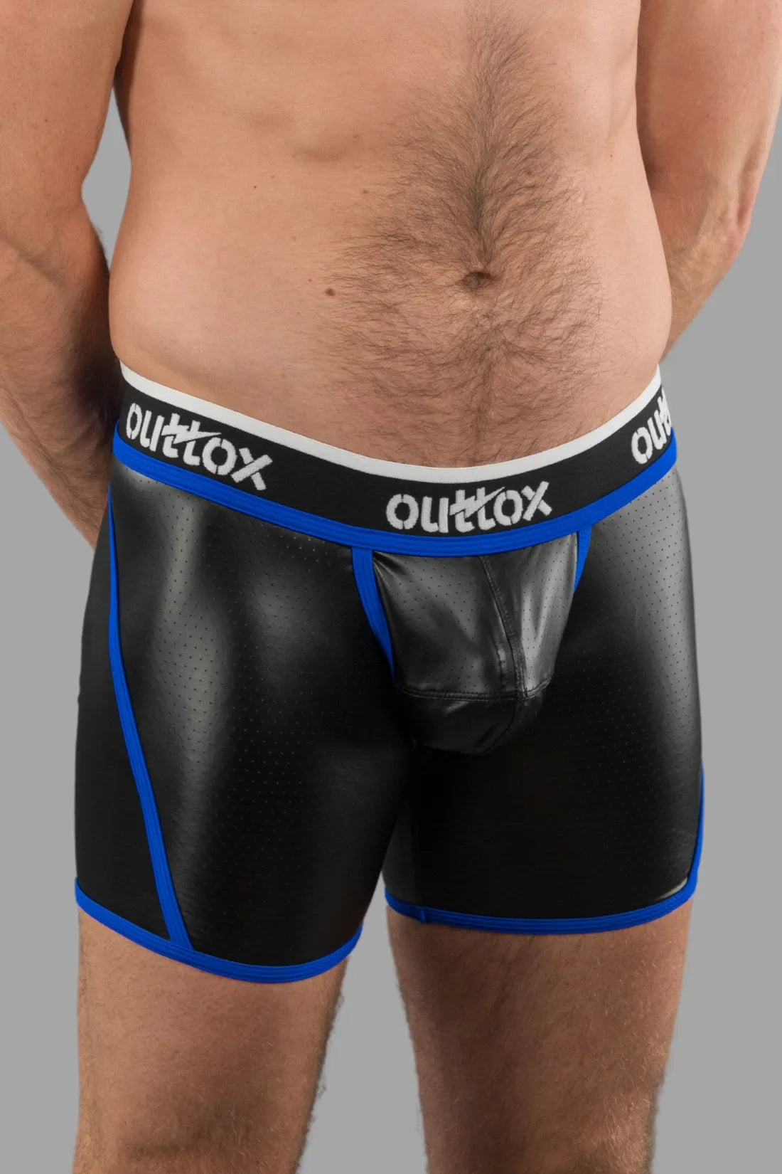 Outtox. Open Rear Shorts with Snap Codpiece. Black and Blue